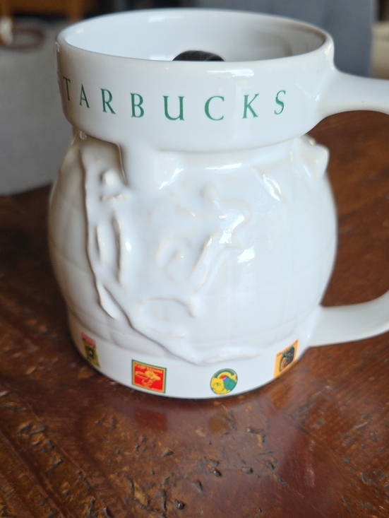 Starbucks Other - 1997 Starbucks White Ceramic Globe Mug with Green Logo and Multicolor Icon Band